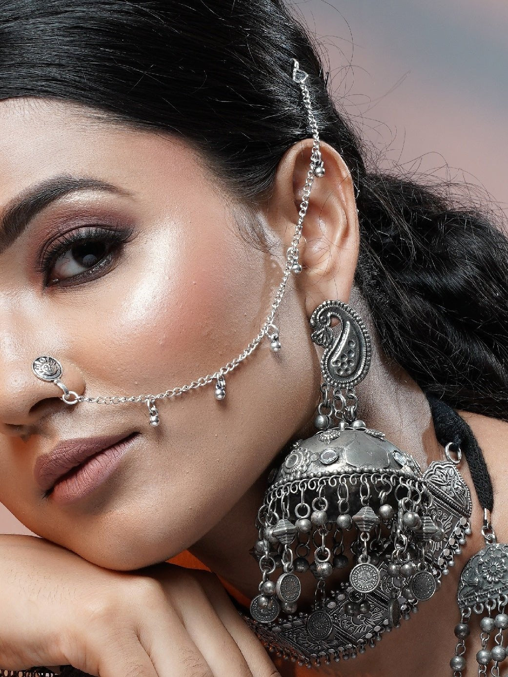 Anklets & Nosepins | Oxidised Nose Ring With Chain (Nath) | Freeup